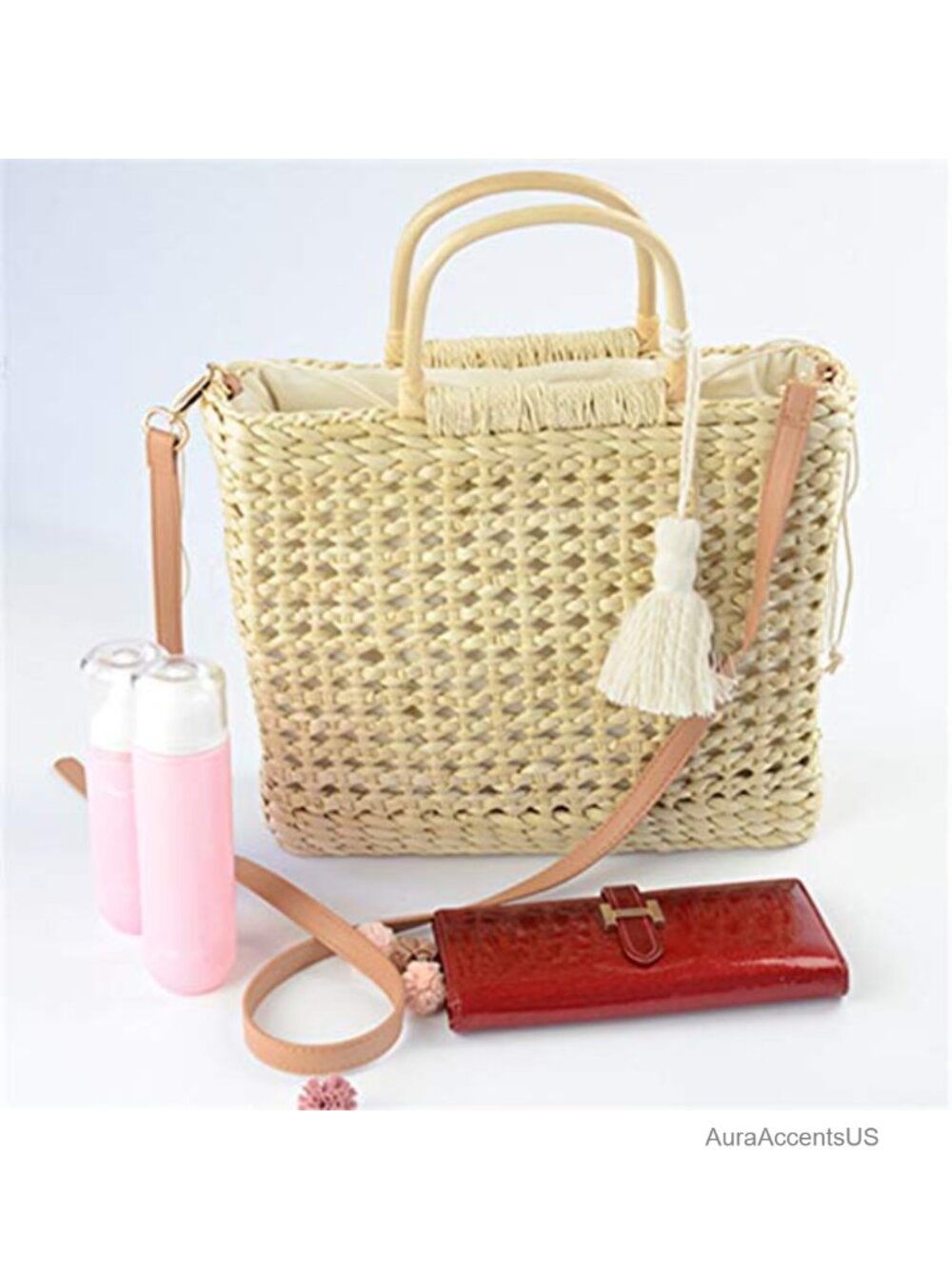 Straw Woven Bucket Bag Top Handle Drawstring Rattan Handbag Beach Purse - Picture 6 of 6